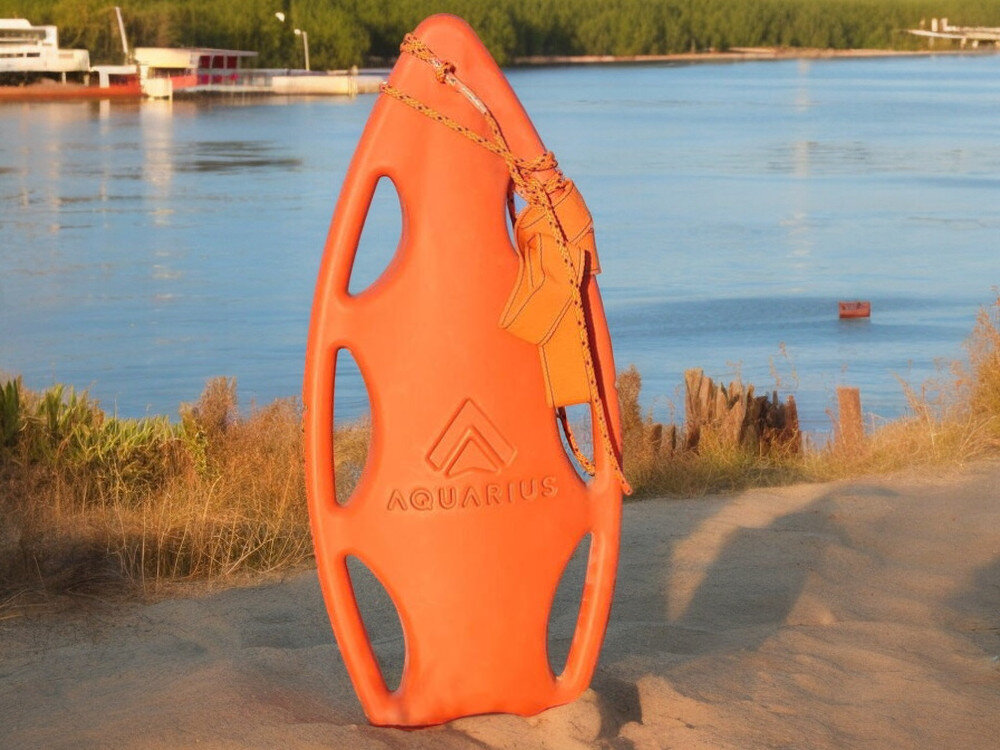 Pomarańczowa bojka ratownicza z napisem \'AQUARIUS\' stoi na piaszczystym brzegu, w tle widoczna jest woda i zieleń.