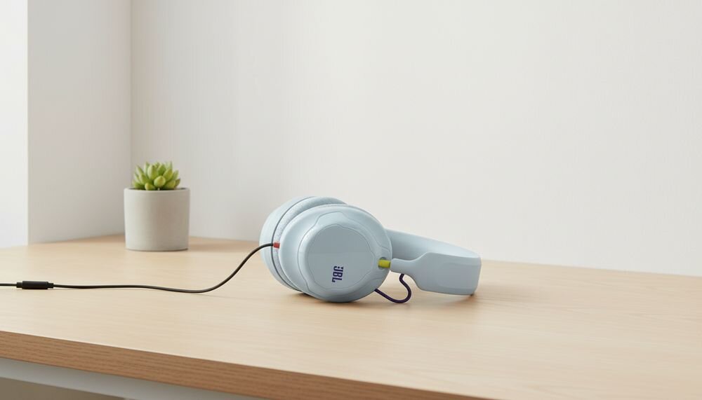 JBL Quantum 120 słuchawki gamingowe, dźwięk przestrzenny i komfortowa konstrukcja, słuchawki leżące na biurku