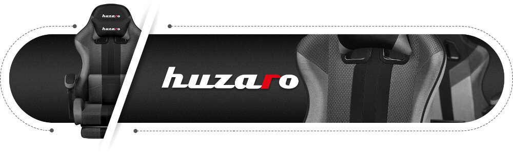 Obraz przedstawia fragment fotela gamingowego z widocznym logo \'huzaro\' na oparciu. Fotel ma szary kolor i siatkową strukturę materiału.