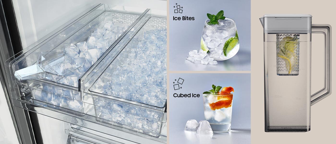 Dwa rodzaje kostek lodu w lodówce z oferty Media Expert - Ice Bites oraz Cubed Ice Obraz przedstawia wnętrze lodówki z dwoma pojemnikami wypełnionymi kostkami lodu. Obok znajdują się zdjęcia napojów z lodem oraz dzbanek z wodą i plasterkiem cytryny, z podpisami \'Ice Bites\' i \'Cubed Ice\'.