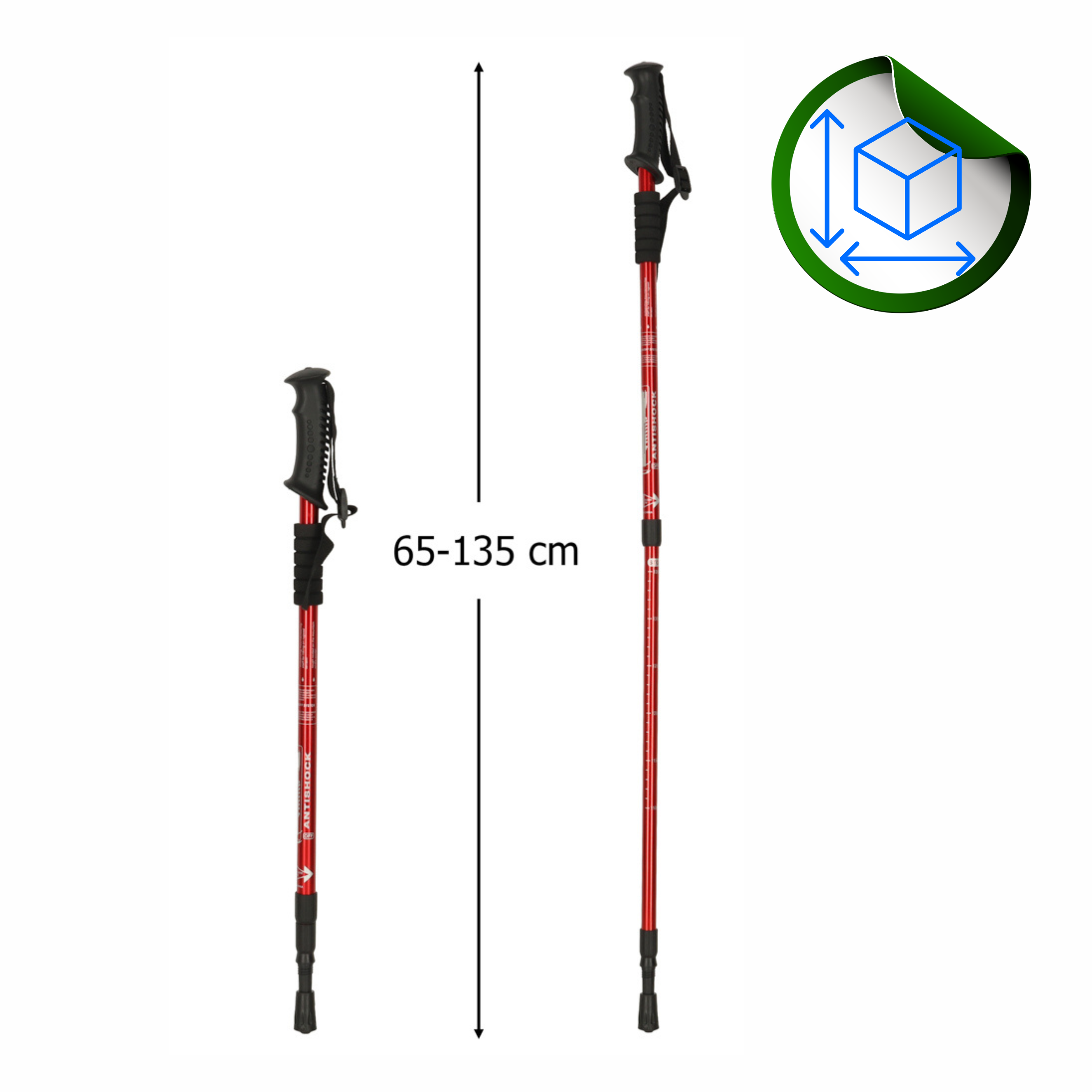 Dwa czerwone, składane kijki trekkingowe z czarnymi uchwytami i nakładkami, z regulacją długości od 65 do 135 cm. Obok znajduje się ikona z symbolem pudełka i strzałkami wskazującymi wymiary.