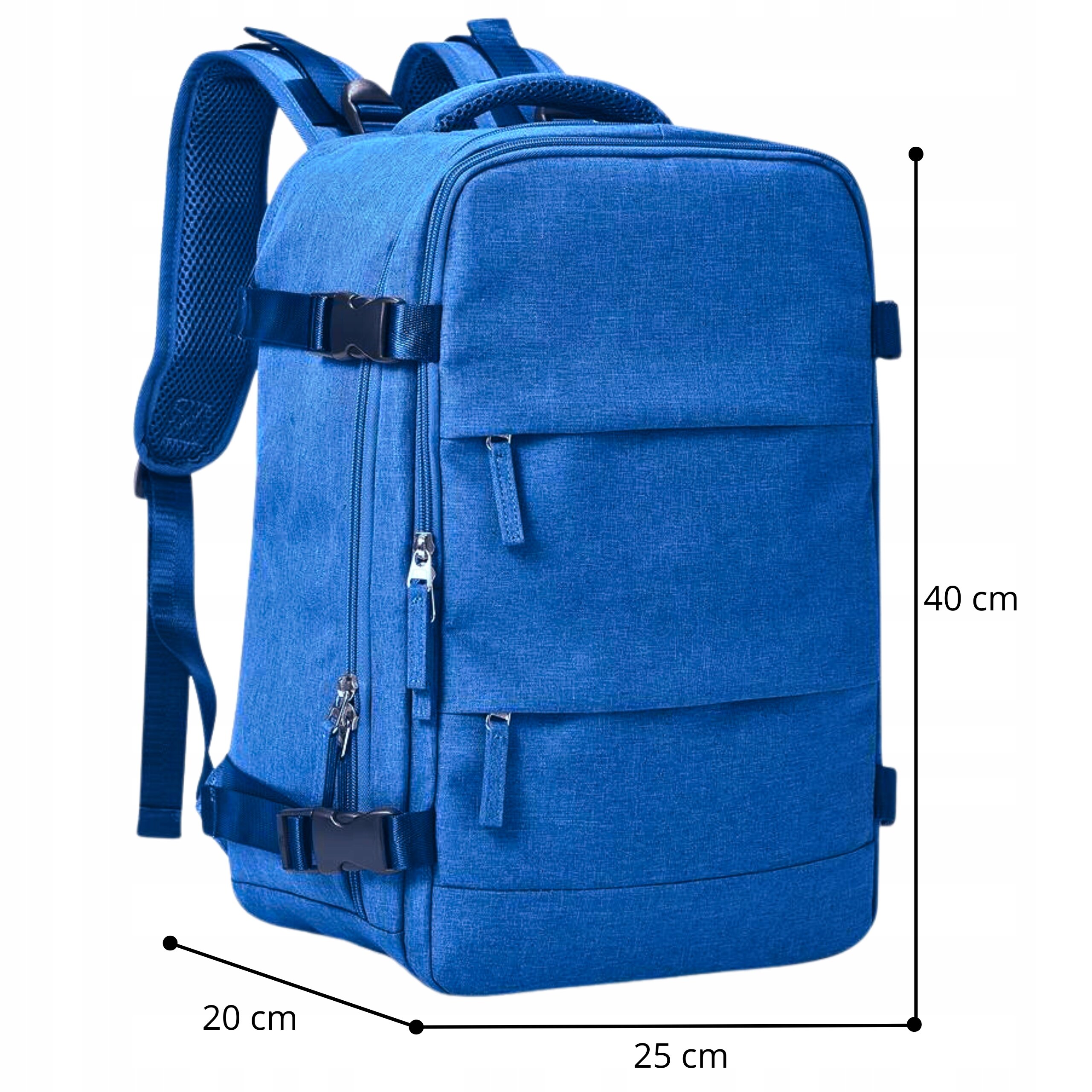 Niebieski plecak o wymiarach 40 cm x 25 cm x 20 cm z kilkoma kieszeniami i zamkami błyskawicznymi. Plecak posiada regulowane paski i klamry zabezpieczające.