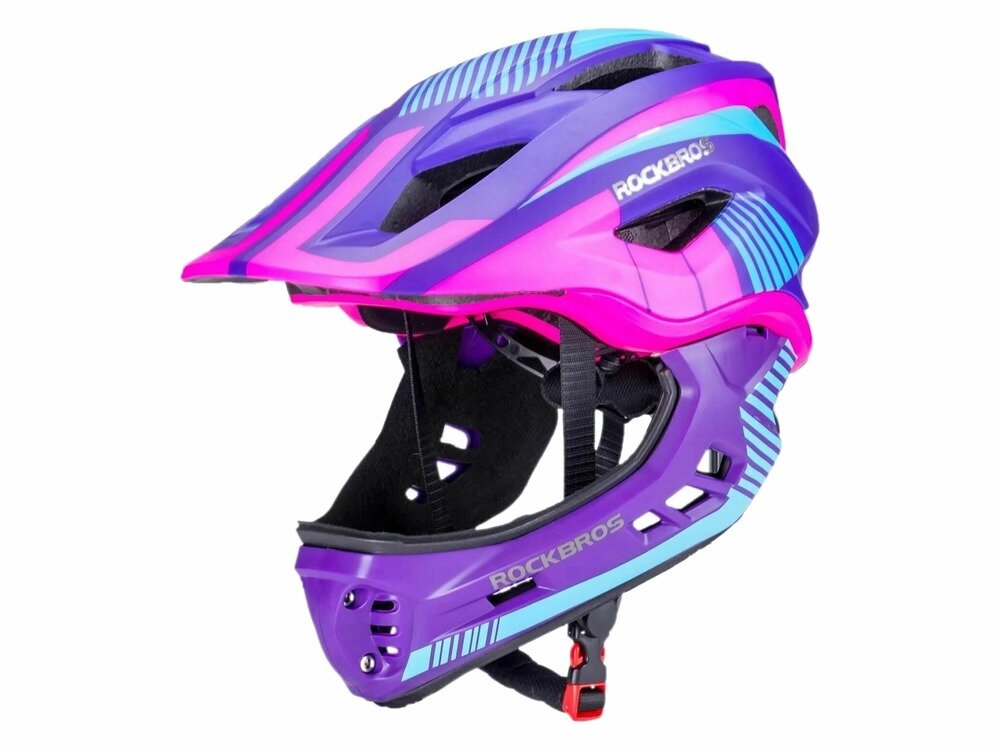 Kask rowerowy w kolorach fioletowym i różowym z widocznym logo ROCKBROS. Posiada otwory wentylacyjne i regulowane zapięcie pod brodą.