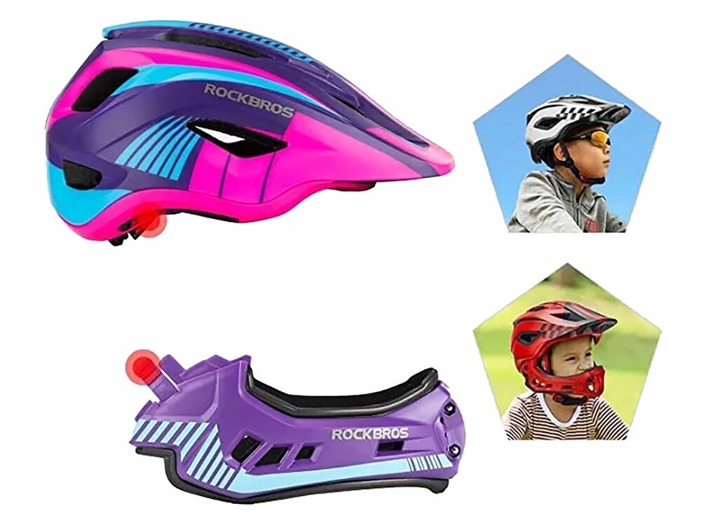 Kask rowerowy w kolorach fioletowym i różowym z napisem \'ROCKBROS\'. Obok znajdują się dwa zdjęcia dzieci w kaskach rowerowych.