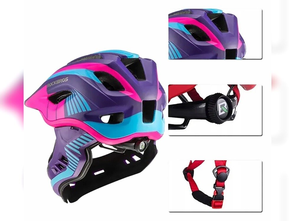 Kask rowerowy w kolorach fioletowym, różowym i niebieskim z widocznym logo ROCKBROS. Obok znajdują się zbliżenia na elementy regulacyjne i zapięcie kasku.