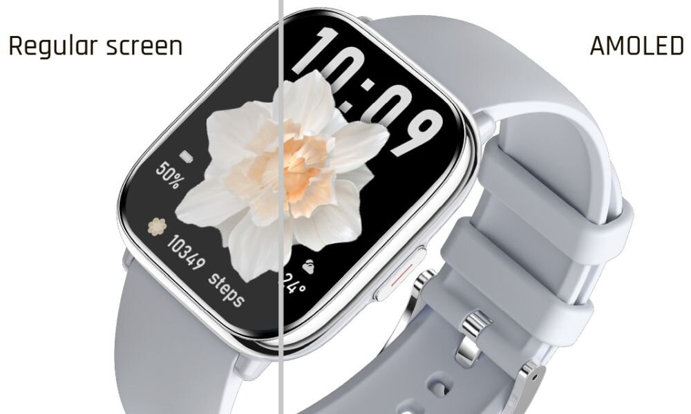 Obraz przedstawia smartwatch z jasnym paskiem, którego ekran jest podzielony na dwie części: \'Regular screen\' i \'AMOLED\'. Na ekranie widoczny jest biały kwiat, poziom naładowania 50%, liczba kroków 10349 oraz godzina 10:09.