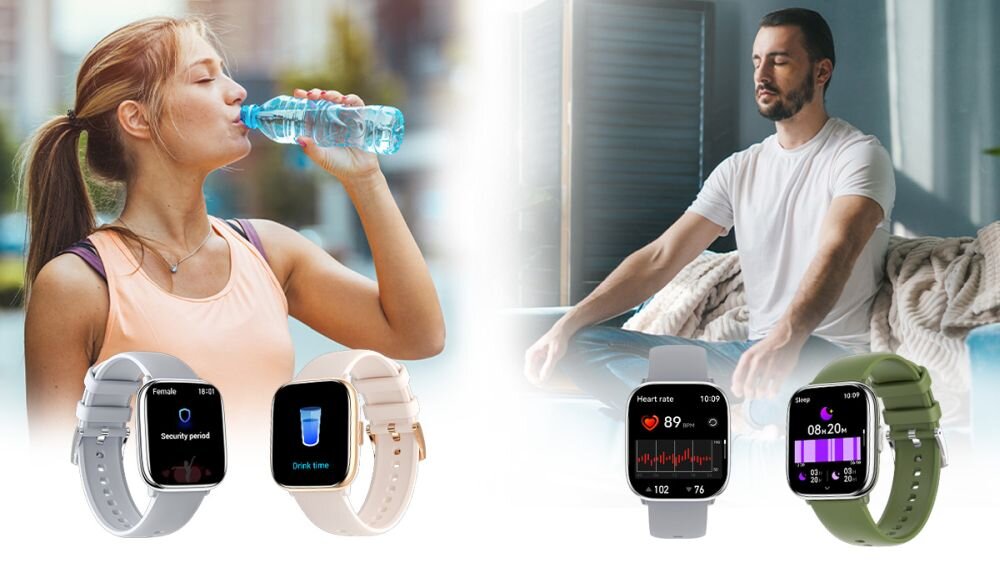 Obraz przedstawia dwie osoby: jedna pije wodę, a druga medytuje. Na dole widoczne są trzy smartwatche z różnymi wyświetlanymi informacjami, w tym \'Drink time\' i \'Heart rate\'.