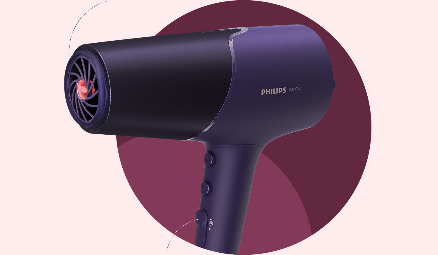 Na obrazie widoczna jest suszarka do włosów w kolorze fioletowym z logo \'PHILIPS 2300W\'. Suszarka ma kilka przycisków na uchwycie i widoczny jest wylot powietrza z czerwonym elementem wewnątrz.