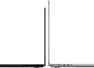 Dwa laptopy ustawione plecami do siebie, pokazujące profile boczne. Oba urządzenia mają smukłą konstrukcję i ciemną kolorystykę.