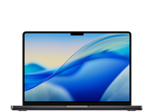 Laptop z wyświetlaczem pokazującym abstrakcyjną grafikę w odcieniach niebieskiego i żółtego. Obudowa jest w ciemnym kolorze, a na ekranie widoczny jest wcięcie na kamerę.