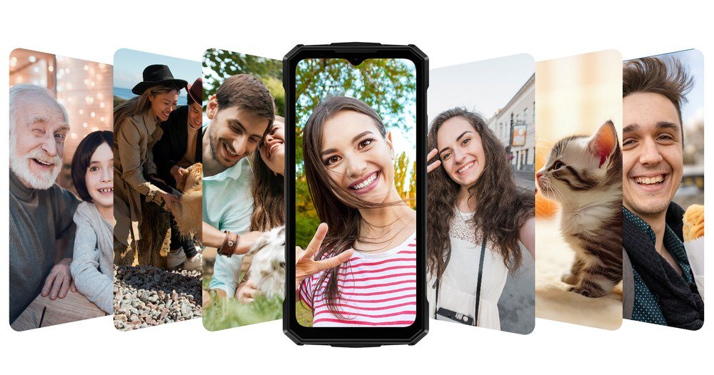 Na obrazie widoczny jest smartfon z wyświetlaczem, na którym znajduje się uśmiechnięta osoba. W tle widać kilka zdjęć przedstawiających ludzi i kota.