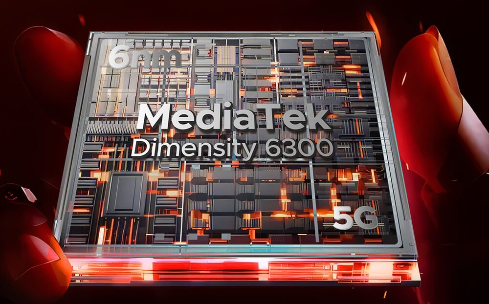 Obraz przedstawia układ scalony z widocznym napisem \'MediaTek Dimensity 6300\', \'6nm\' oraz \'5G\'. Tło jest ciemne z czerwonymi akcentami świetlnymi.