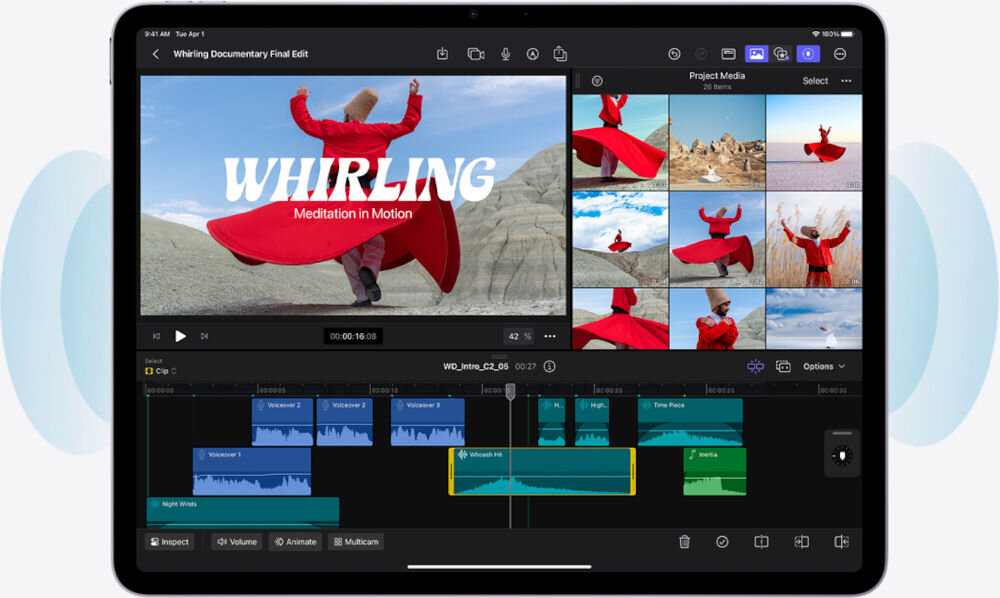 Tablet wyświetla aplikację do edycji wideo z widocznymi klipami i osiami czasu. Na ekranie widać tekst \'WHIRLING Meditation in Motion\'.