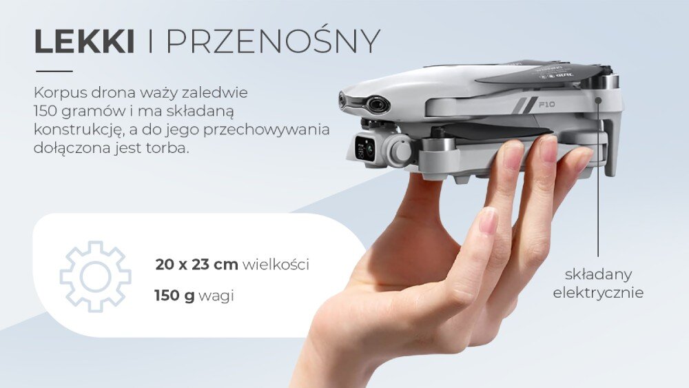 Na obrazie widoczny jest dron trzymany w dłoni, z tekstem: \'LEKKI I PRZENOŚNY. Korpus drona waży zaledwie 150 gramów i ma składaną konstrukcję, a do jego przechowywania dołączona jest torba. 20 x 23 cm wielkości, 150 g wagi\'.