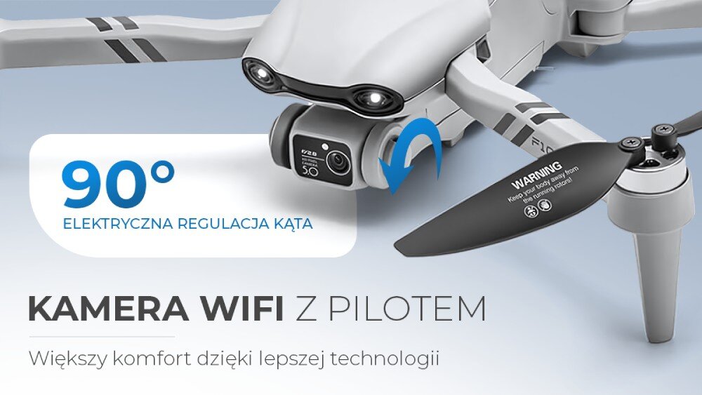 Obraz przedstawia drona z napisem \'90° ELEKTRYCZNA REGULACJA KĄTA\' oraz \'KAMERA WIFI Z PILOTEM\'. Na śmigle widoczny jest napis \'WARNING\'.