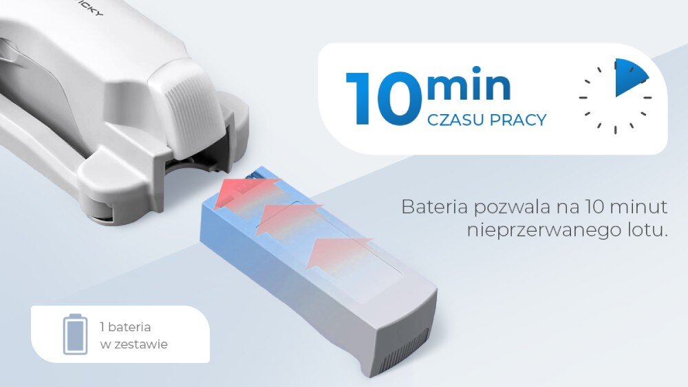 Obraz przedstawia dron oraz akumulator z napisem \'10 min czasu pracy\'. Tekst informuje: \'Bateria pozwala na 10 minut nieprzerwanego lotu\', a w zestawie znajduje się \'1 bateria\'.
