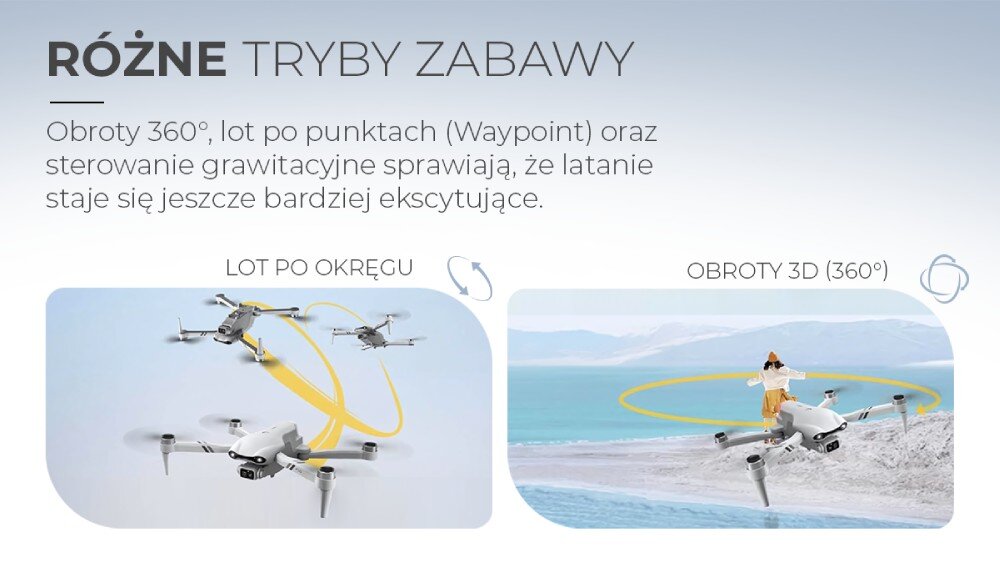 Obraz przedstawia dwa zdjęcia dronów w locie z żółtymi liniami symbolizującymi ich trajektorie. Tekst na górze brzmi: \'RÓŻNE TRYBY ZABAWY\', a poniżej: \'Obroty 360°, lot po punktach (Waypoint) oraz sterowanie grawitacyjne sprawiają, że latanie staje się jeszcze bardziej ekscytujące.\'