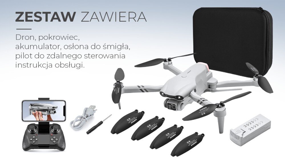 Na obrazie znajduje się zestaw z dronem, pokrowcem, akumulatorem, osłoną do śmigła, pilotem do zdalnego sterowania oraz instrukcją obsługi. Widoczny jest także tekst: \'ZESTAW ZAWIERA\'.
