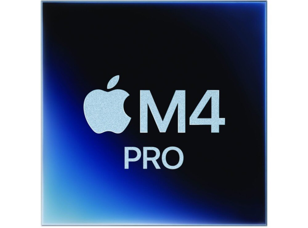 Obraz przedstawia logo z napisem \'M4 PRO\' oraz symbolem jabłka na ciemnym tle z niebieskim gradientem.