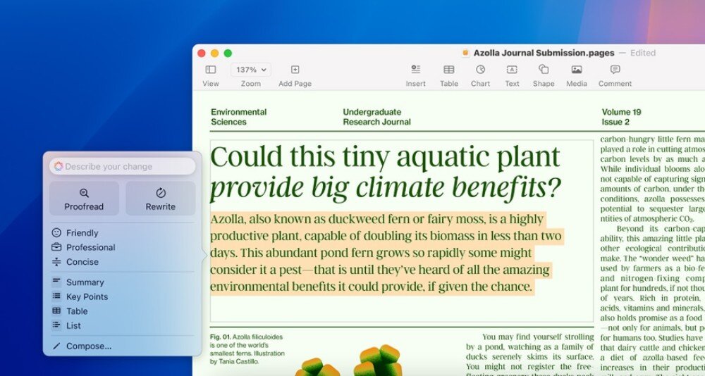 Zrzut ekranu przedstawia edytor tekstu z otwartym dokumentem zatytułowanym \'Could this tiny aquatic plant provide big climate benefits?\'. Po lewej stronie widoczna jest boczna karta z opcjami \'Proofread\' i \'Rewrite\'.