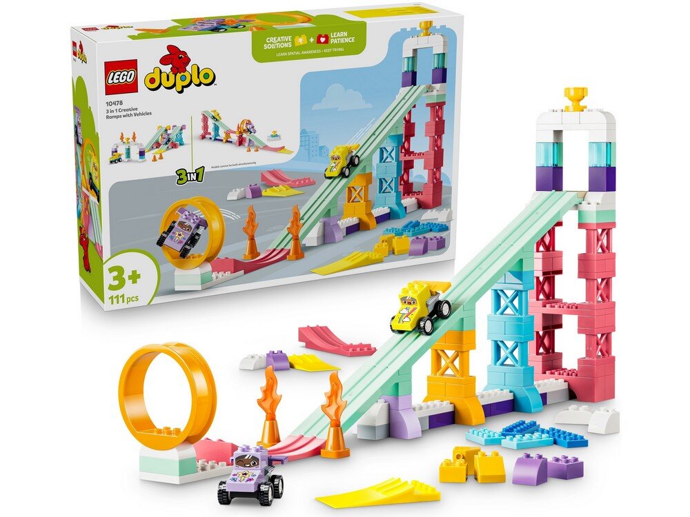 Zestaw LEGO DUPLO 10478 zawiera kolorowe elementy do budowy ramp i pojazdów, z widocznymi samochodzikami i akcesoriami. Na opakowaniu znajduje się logo LEGO i napis \'3 in 1 Creative Ramps with Vehicles\'.