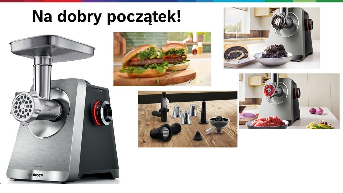 Obraz przedstawia maszynkę do mięsa z logo BOSCH, z różnymi akcesoriami na stole. W tle widoczne są zdjęcia potraw, takich jak burger i tarty ser.