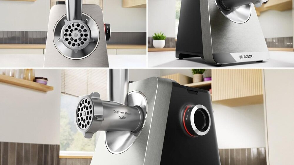 Na obrazie widoczna jest maszynka do mięsa z metalowymi elementami i napisem \'Dishwasher Safe\'. Na jednym ze zdjęć widoczne jest logo \'BOSCH\'.