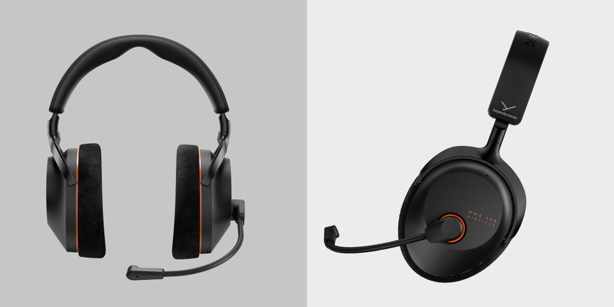 Na obrazie widoczne są czarne, nauszne słuchawki z mikrofonem, z pomarańczowymi akcentami. Na pałąku znajduje się logo \'beyerdynamic\'.