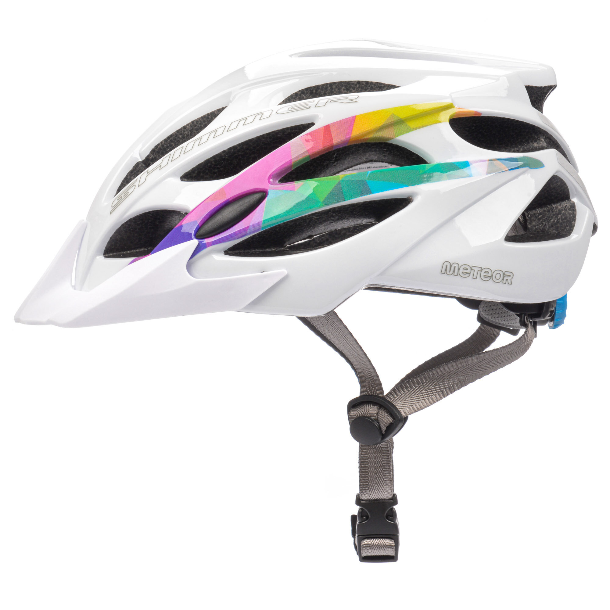 Biały kask rowerowy z kolorowymi wzorami i otworami wentylacyjnymi, z napisem \'SHIMMER\' oraz logo \'meteor\'.
