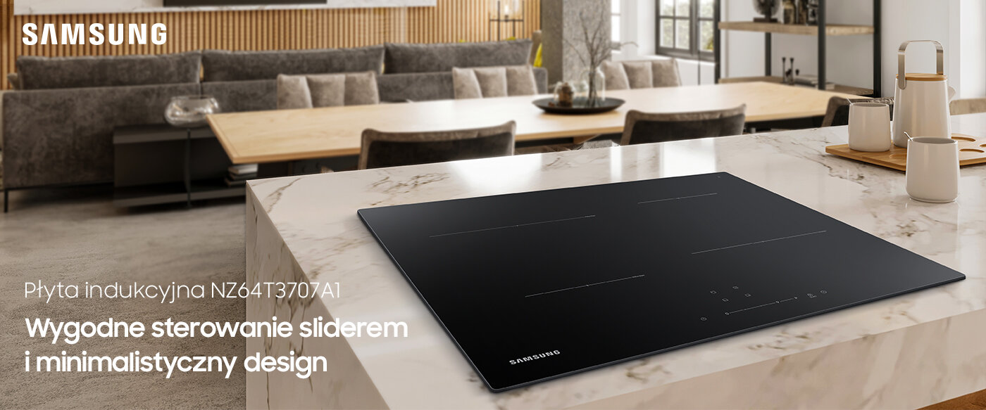Płyta indukcyjna Samsung NZ64T3707A1 na marmurowym blacie Na obrazie widoczna jest czarna płyta indukcyjna z logo SAMSUNG, umieszczona na marmurowym blacie w nowoczesnej kuchni. Tekst na obrazie: \'Płyta indukcyjna NZ64T3707A1 Wygodne sterowanie sliderem i minimalistyczny design\'.