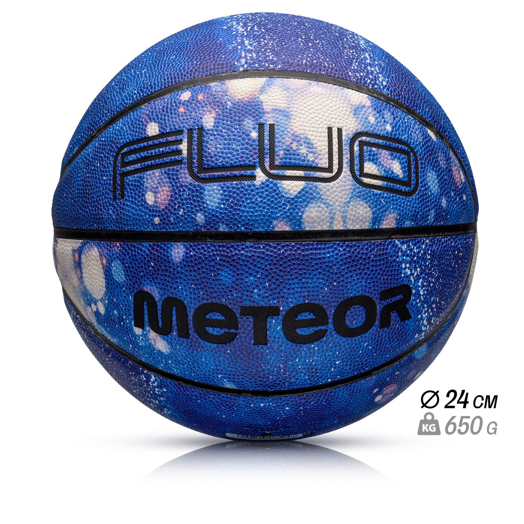 Piłka do koszykówki w kolorze niebieskim z białymi i czarnymi elementami, z napisami \'FLUO\' i \'METEOR\'. Widoczne oznaczenia: średnica 24 cm, waga 650 g.