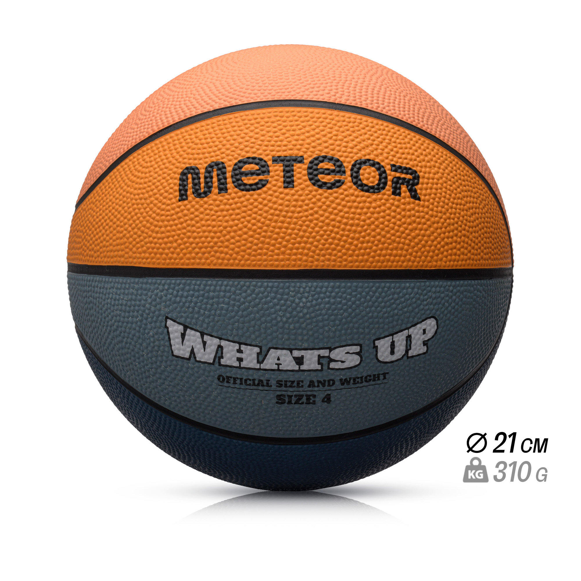Piłka do koszykówki w kolorach morskim i pomarańczowym z widocznymi napisami \'METEOR\' oraz \'WHAT\'S UP OFFICIAL SIZE AND WEIGHT SIZE 4\'. Obok piłki znajdują się oznaczenia: średnica 21 cm i waga 310 g.