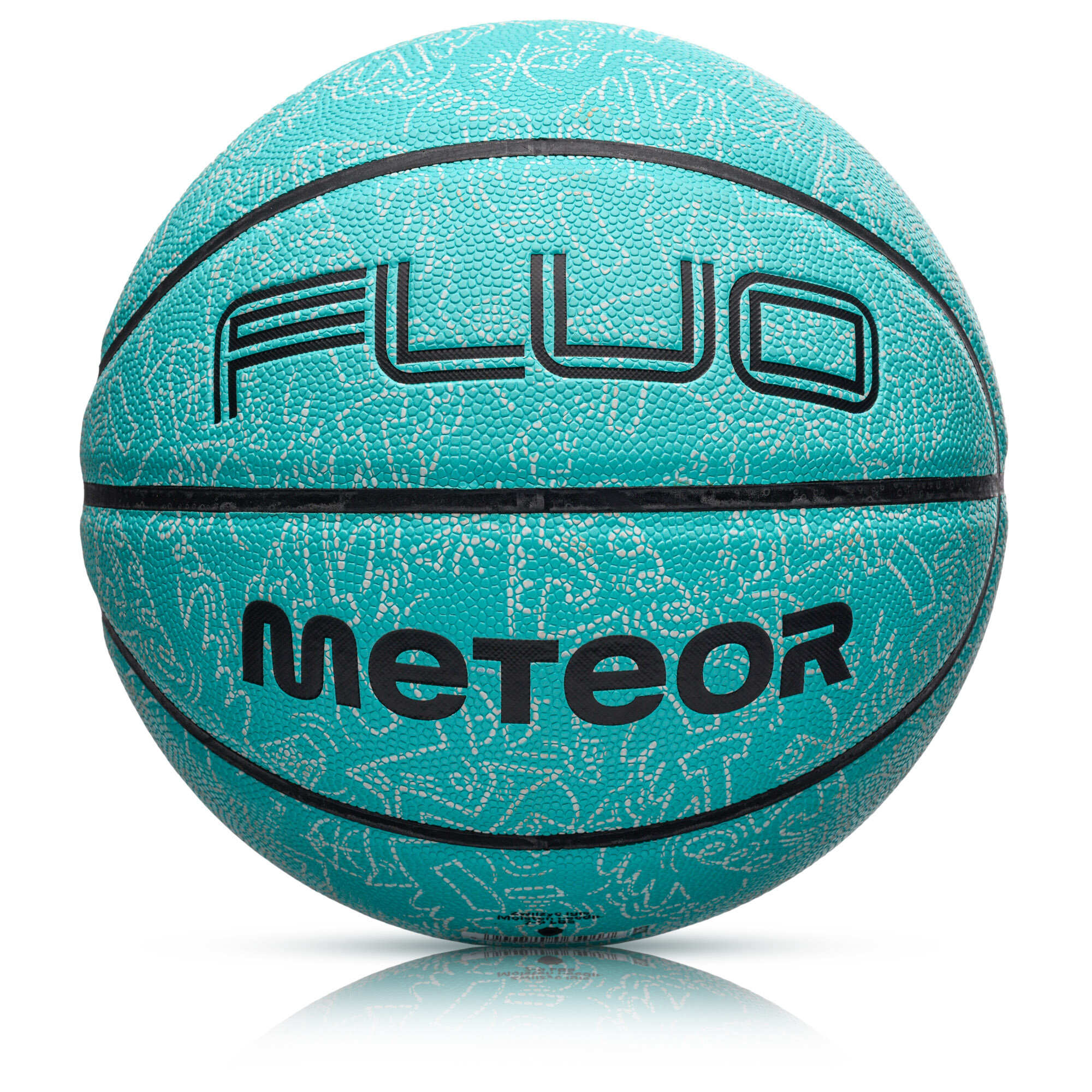 Piłka do koszykówki w kolorze miętowym z czarnymi napisami \'FLUO\' i \'Meteor\'. Powierzchnia piłki ma delikatny wzór w jasnym kolorze.