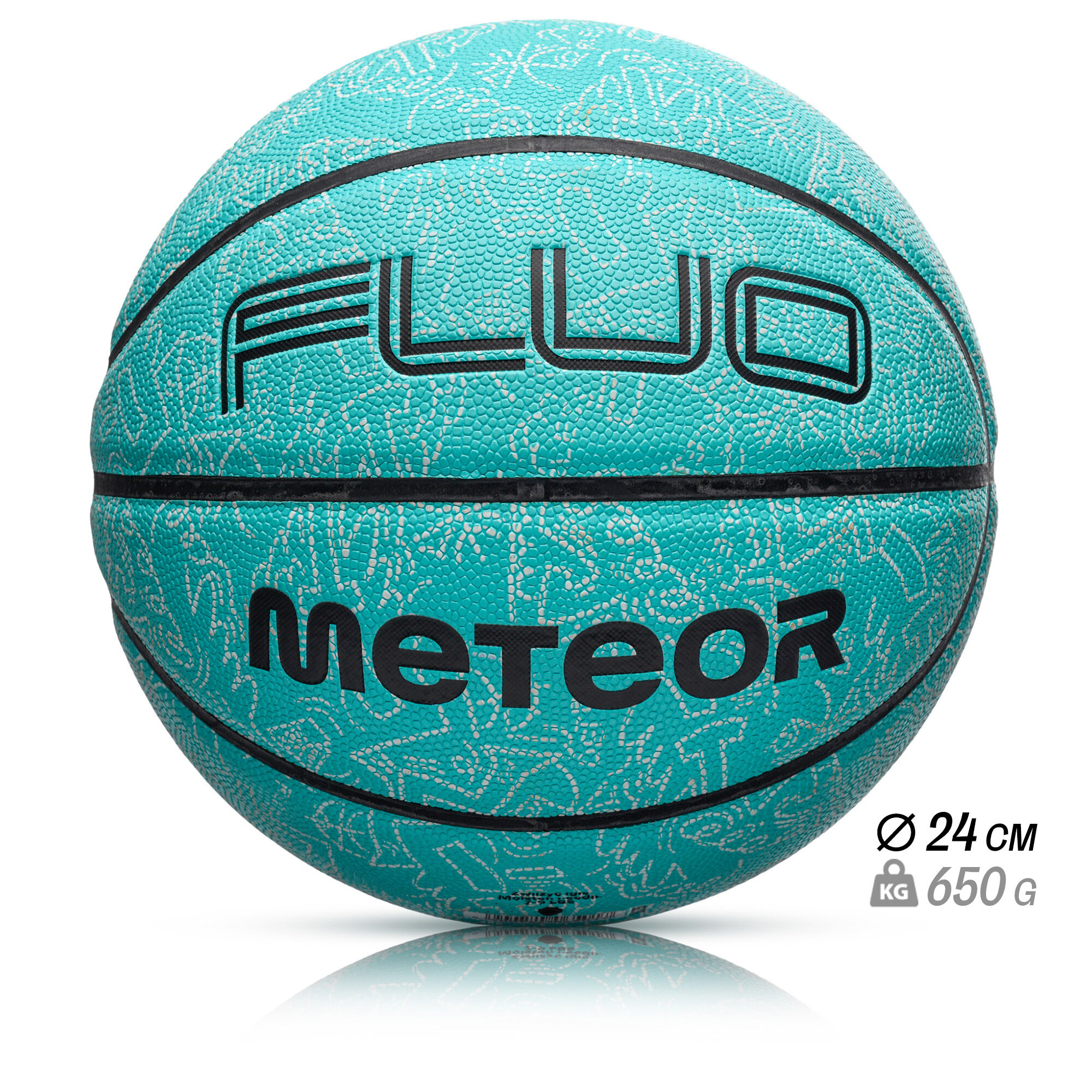 Piłka do koszykówki w kolorze miętowym z czarnymi napisami \'FLUO\' i \'METEOR\'. Widoczne oznaczenia: średnica 24 cm, waga 650 g.