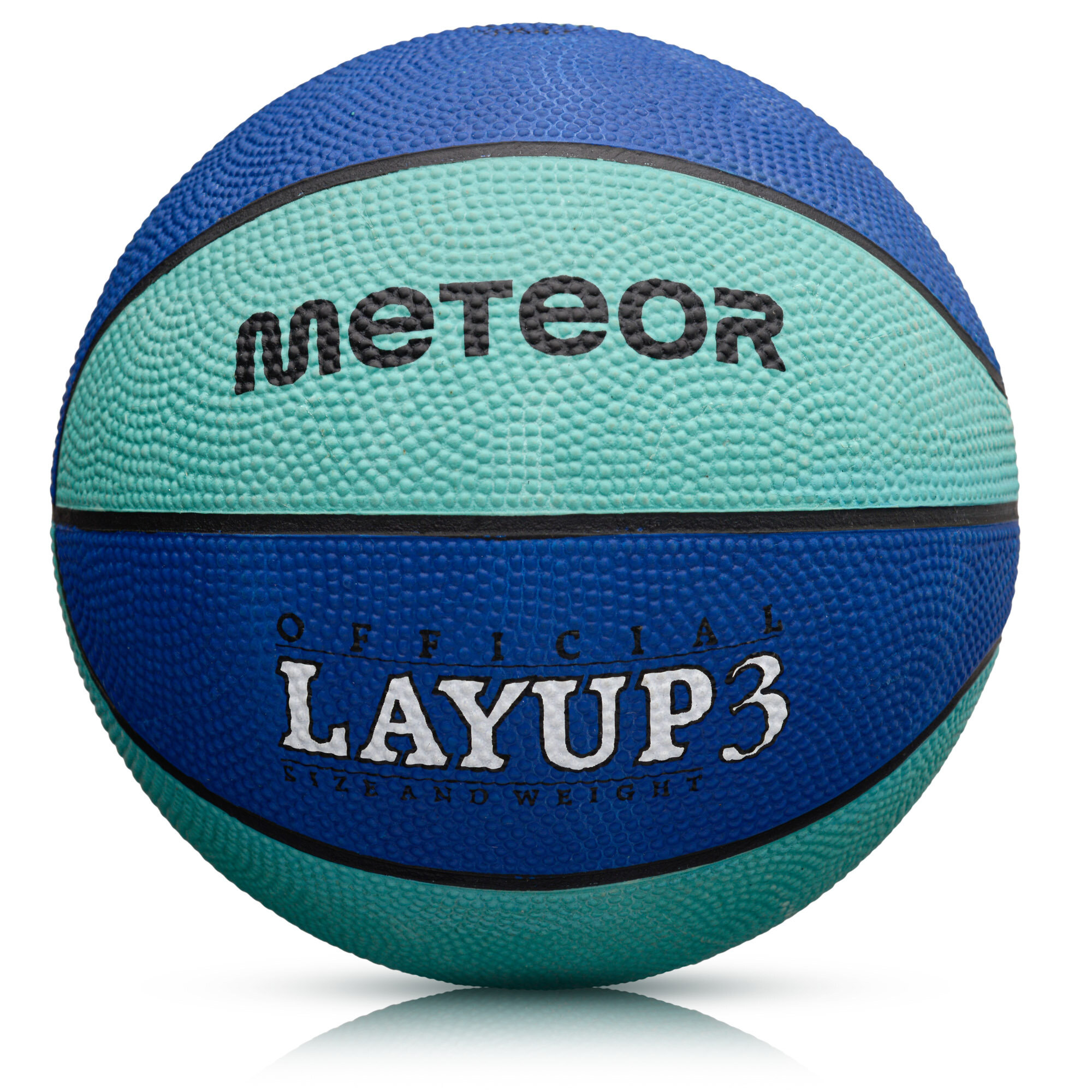 Piłka do koszykówki w kolorach niebieskim i turkusowym z widocznym tekstem \'METEOR\' oraz \'OFFICIAL LAYUP 3 SIZE AND WEIGHT\'.