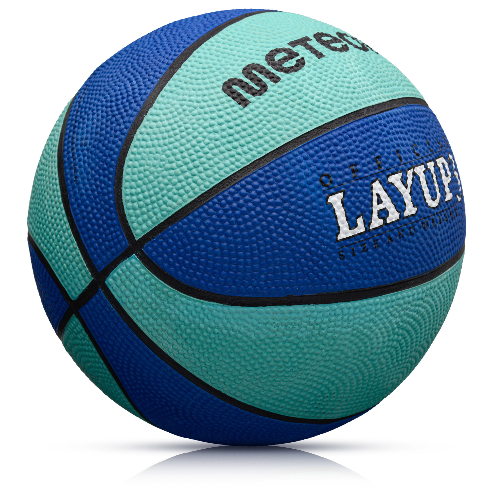 Piłka do koszykówki w kolorach niebieskim i turkusowym z widocznymi napisami \'meteor\' i \'LAYUP\'.