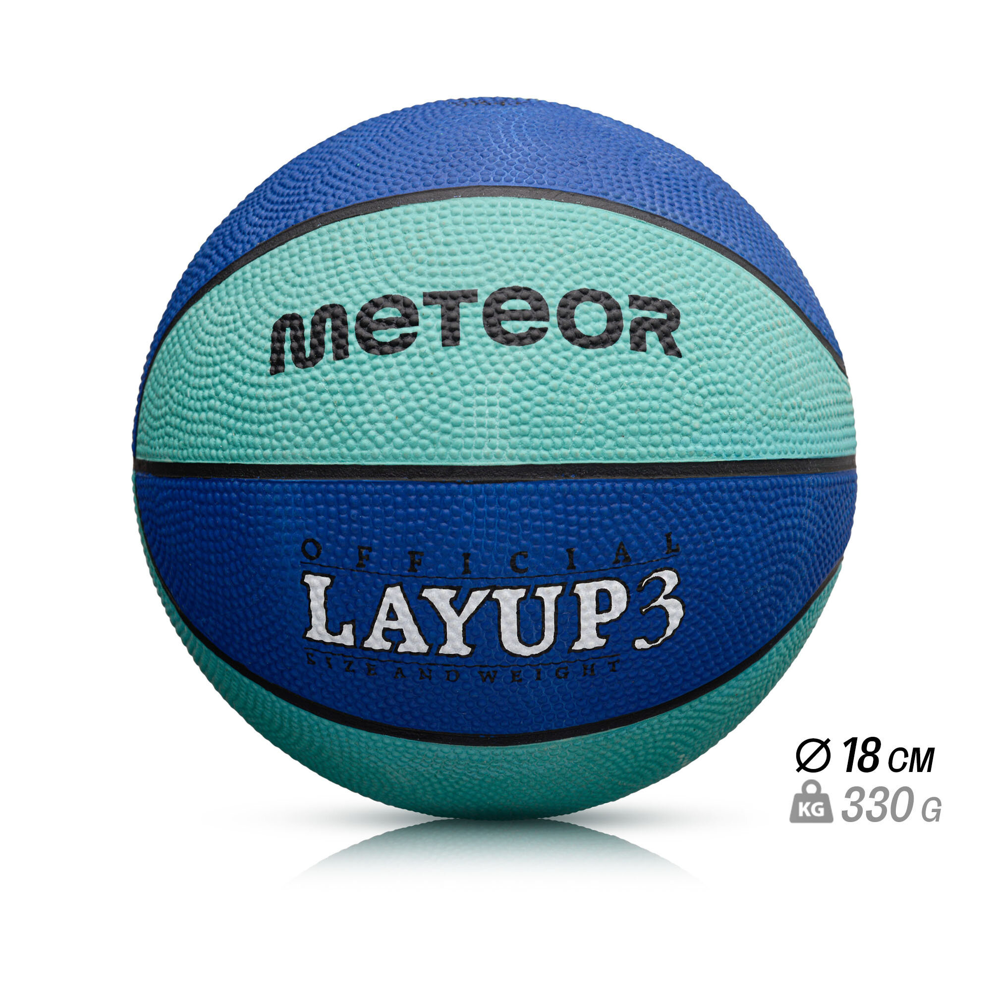 Piłka do koszykówki w kolorach niebieskim i turkusowym z napisami \'METEOR\' oraz \'OFFICIAL LAYUP 3 SIZE AND WEIGHT\'. Widoczne oznaczenia: średnica 18 cm, waga 330 g.