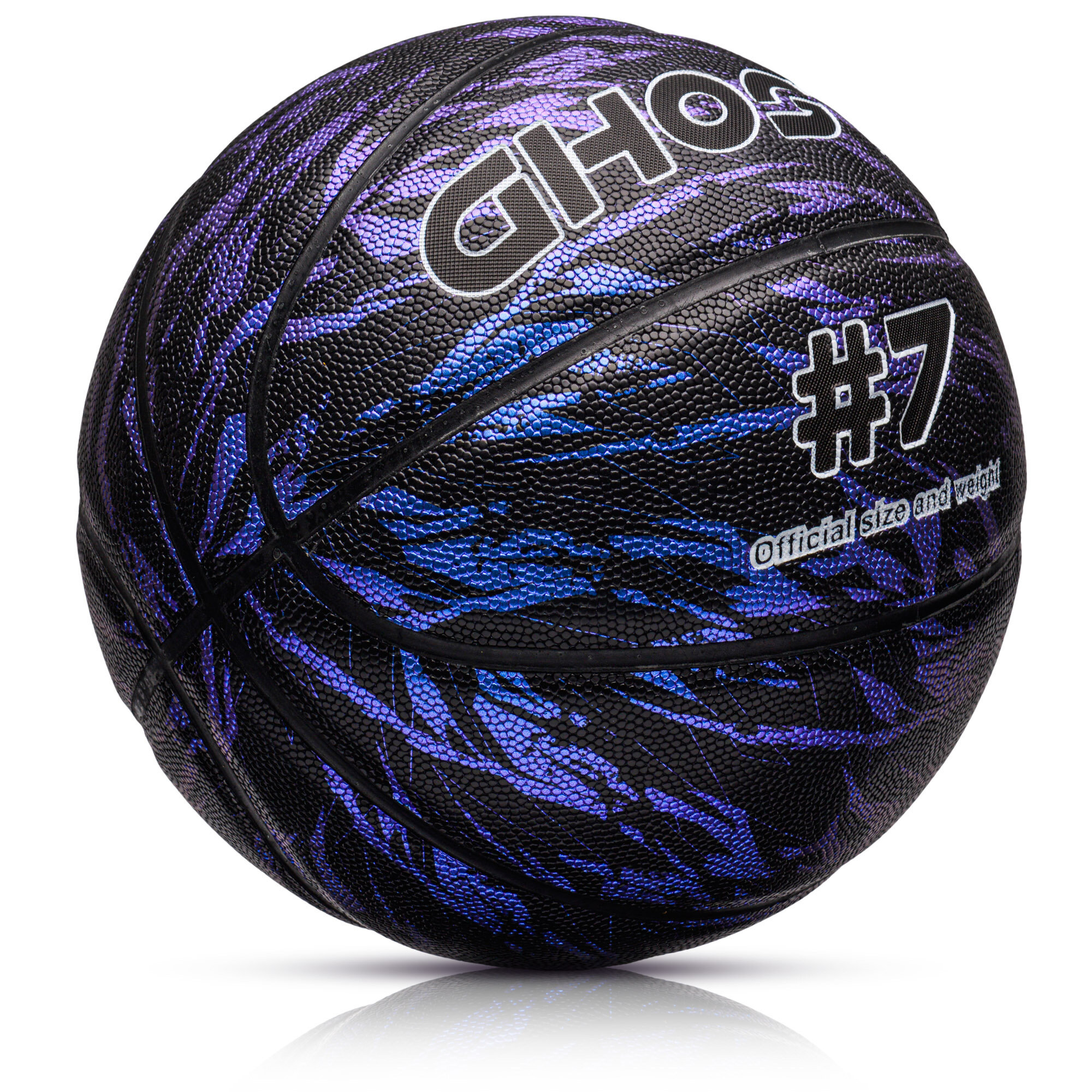 Piłka do koszykówki z czarno-niebieskim wzorem i napisem \'GHOST #7 official size and weight\'.