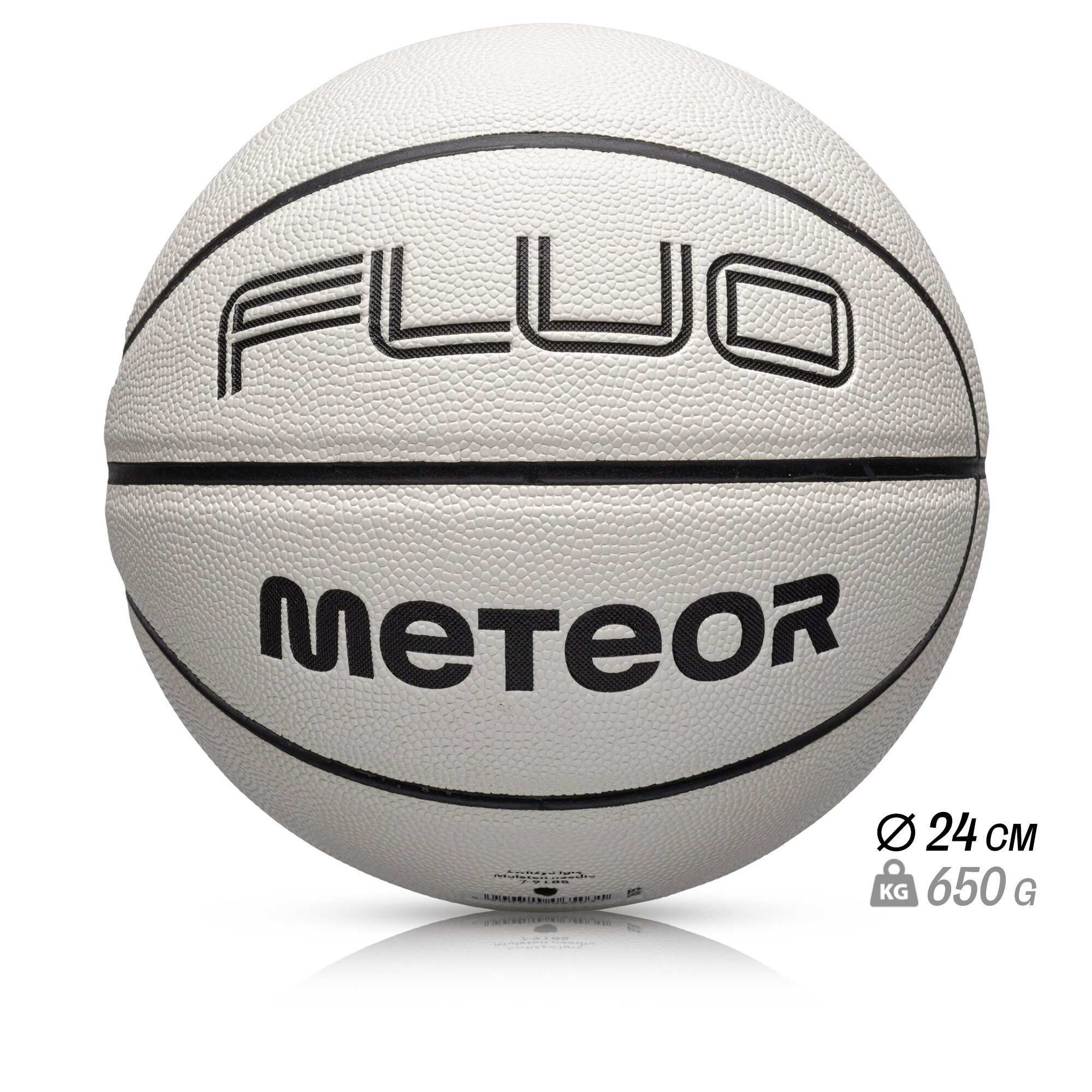 Biała piłka do koszykówki z czarnymi napisami \'FLUO\' i \'METEOR\'. Widoczne są również oznaczenia: średnica 24 cm i waga 650 g.