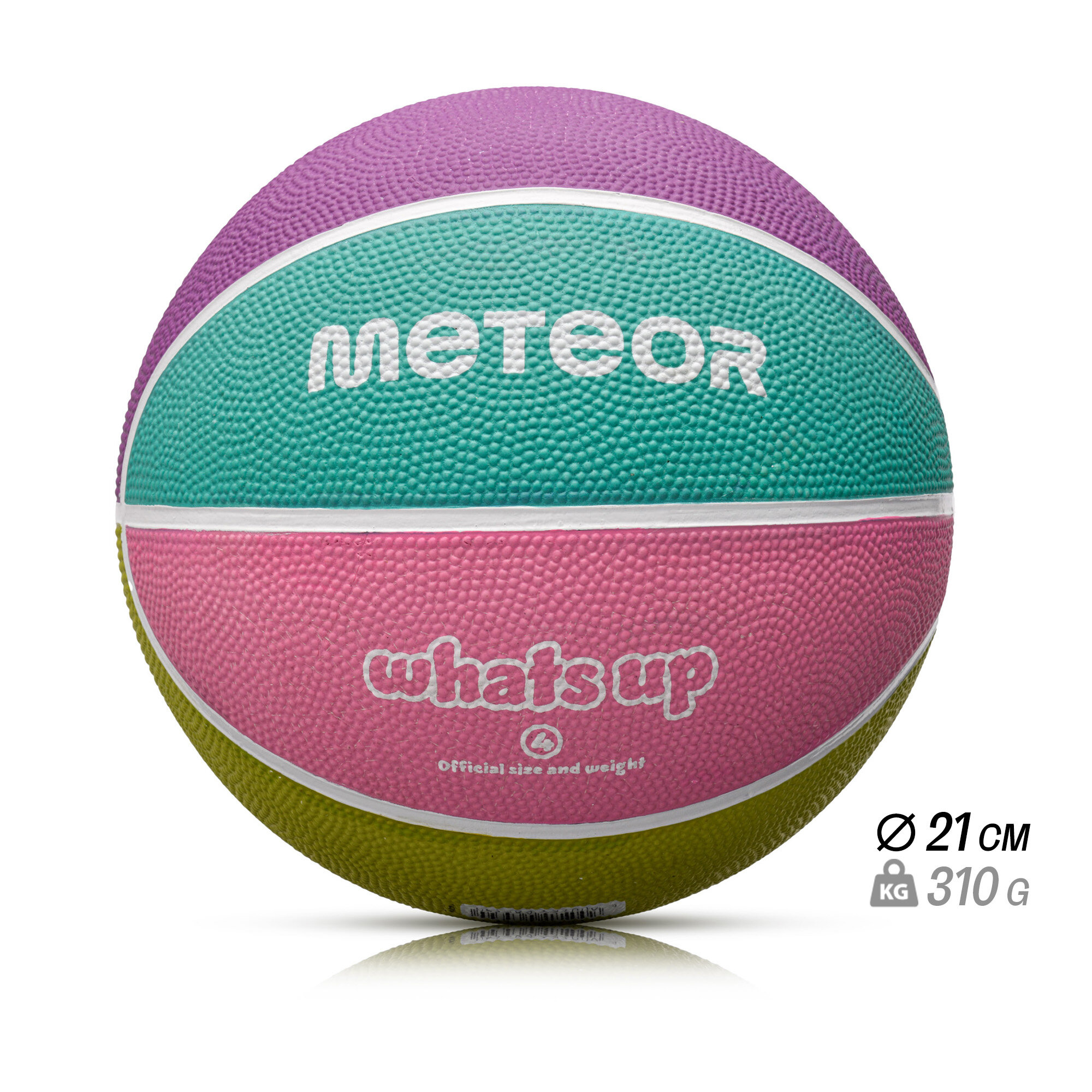 Piłka do koszykówki w pastelowych kolorach z widocznymi napisami \'METEOR\' i \'what\'s up\'. Obok piłki znajdują się oznaczenia: średnica 21 cm i waga 310 g.