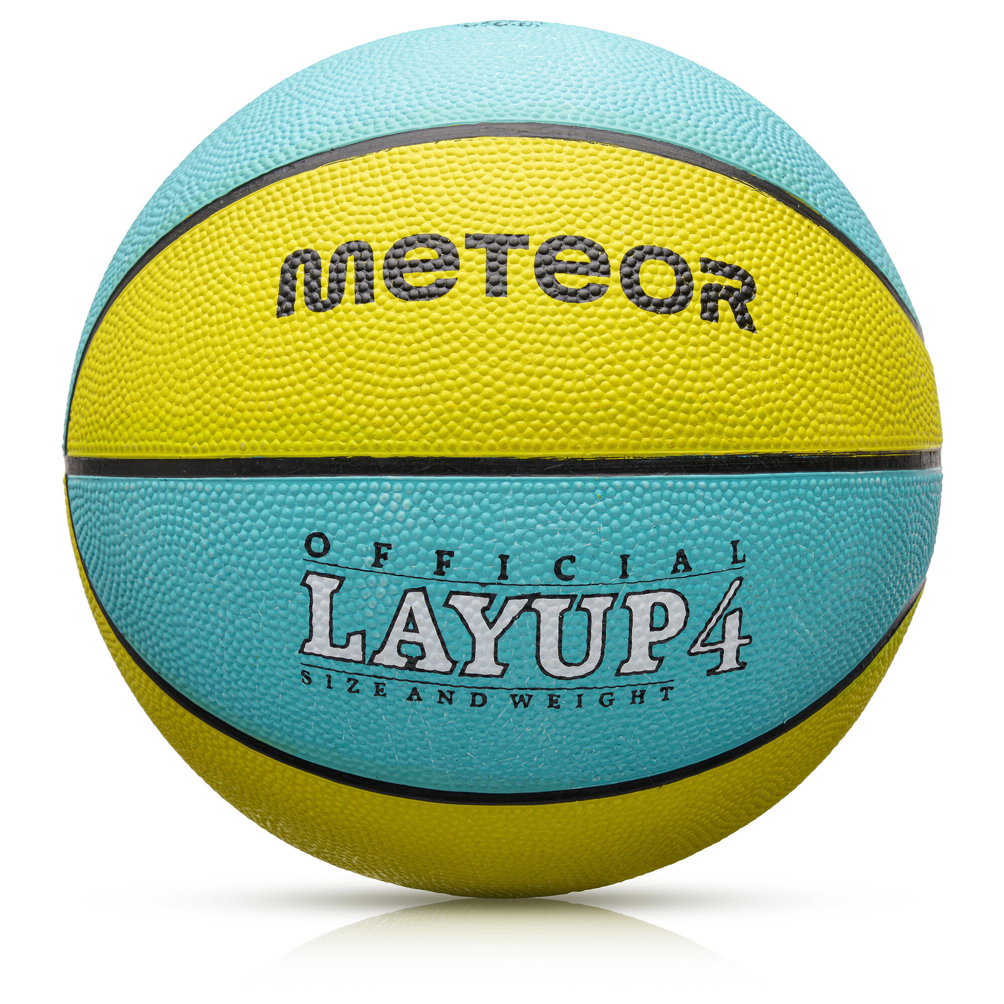 Piłka do koszykówki w kolorach żółtym i niebieskim z widocznymi napisami \'METEOR\' oraz \'OFFICIAL LAYUP 4 SIZE AND WEIGHT\'.