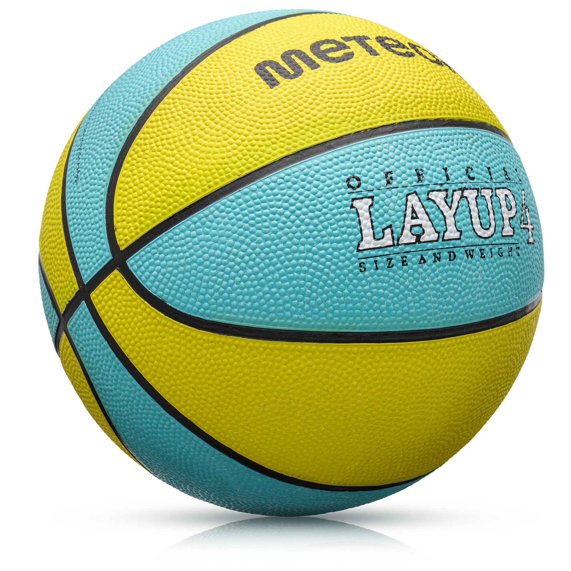 Piłka do koszykówki w kolorach żółtym i niebieskim z widocznym napisem \'OFFICIAL LAYUP 4 SIZE AND WEIGHT\'. Na piłce znajduje się również logo \'meteor\'.