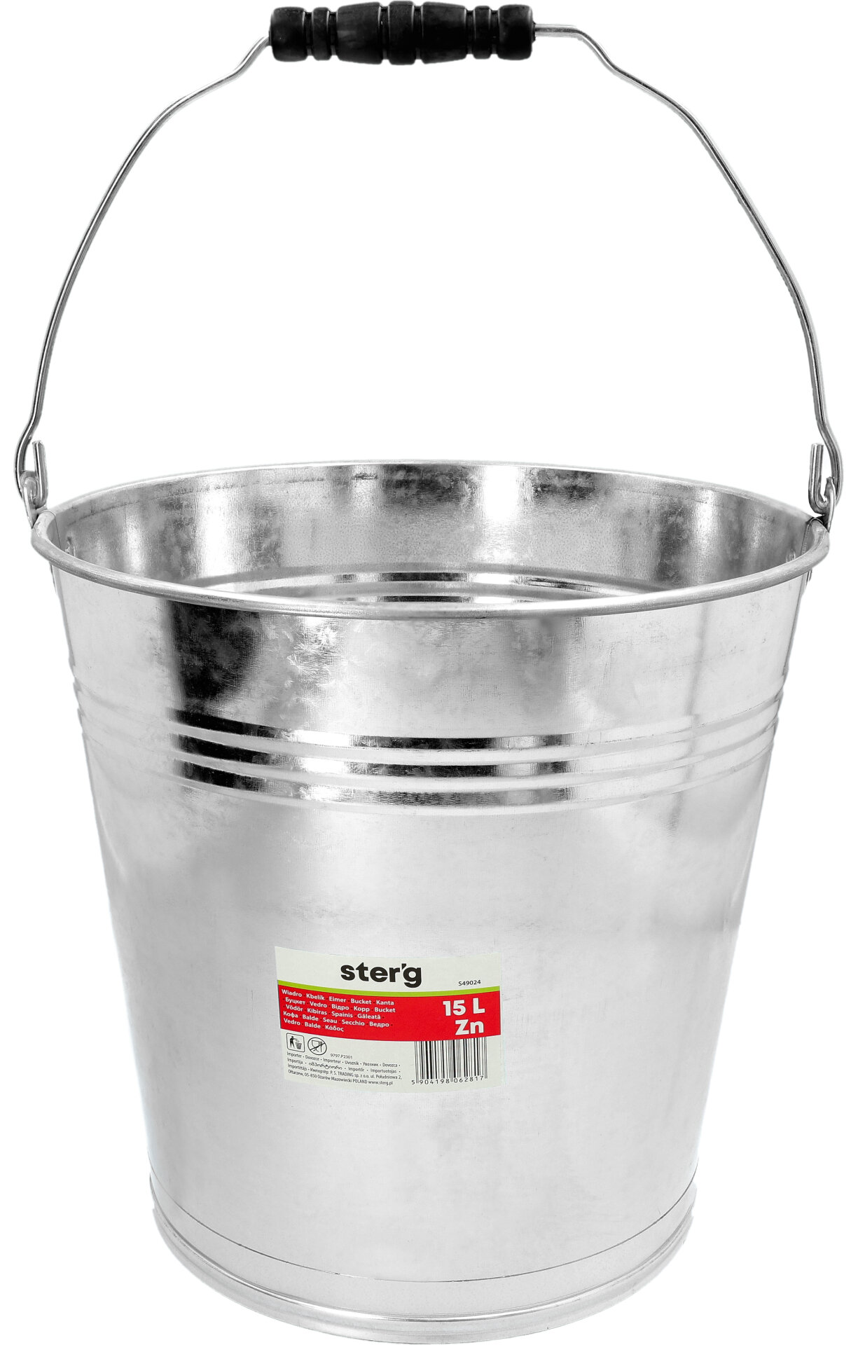 Metalowe wiadro ocynkowane z uchwytem i etykietą z napisem \'ster\'g 15L Zn\'.