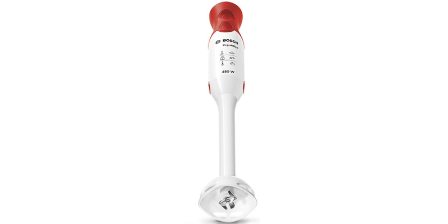 Na obrazie widoczny jest biały blender ręczny z czerwonymi elementami, z logo \'bosch\' oraz napisami \'ErgoMixx\' i \'450 W\'.
