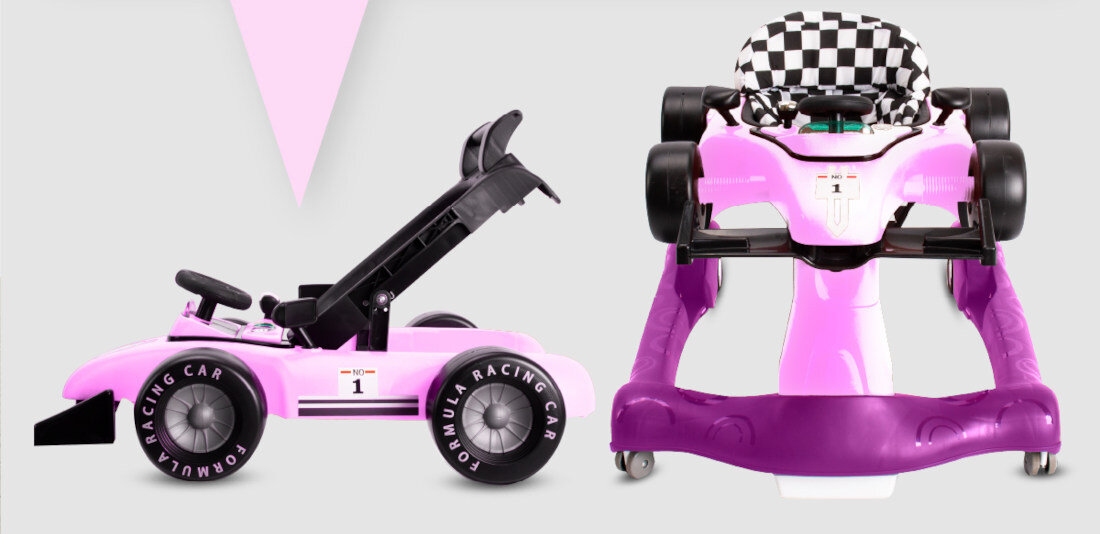 Na obrazie widoczny jest różowy chodzik w kształcie samochodu wyścigowego z czarno-białym wzorem na siedzeniu. Na kołach znajduje się napis \'FORMULA RACING CAR\'.