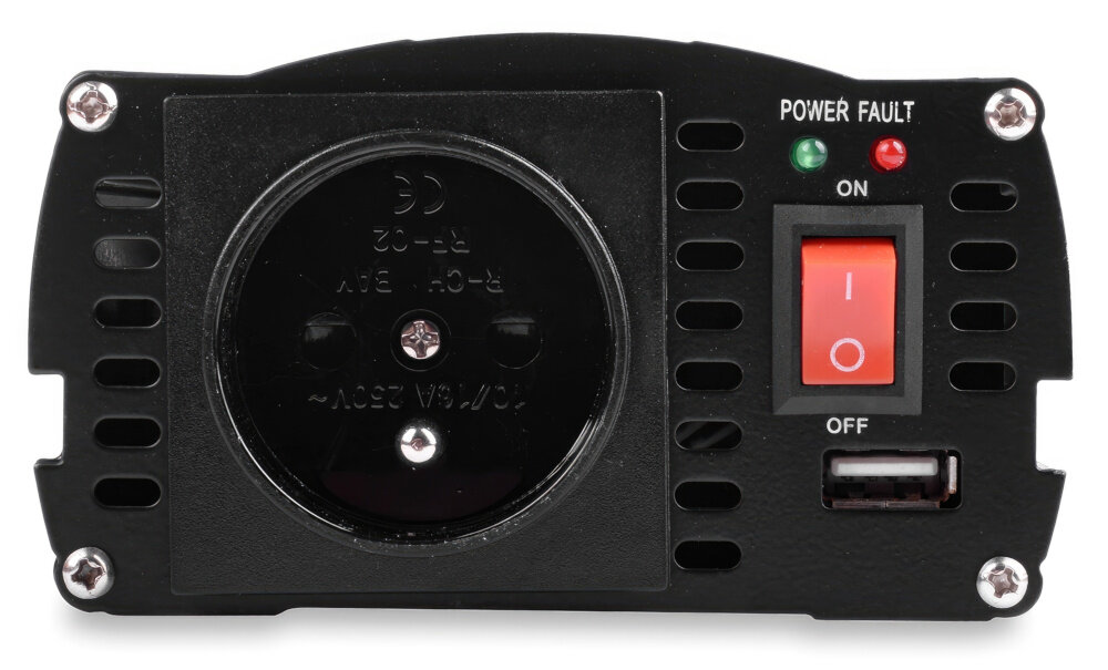 Obraz przedstawia panel przetwornicy z gniazdem elektrycznym, przełącznikiem z napisem \'ON\' i \'OFF\', oraz dwoma diodami oznaczonymi jako \'POWER\' i \'FAULT\'. Widoczny jest także port USB.