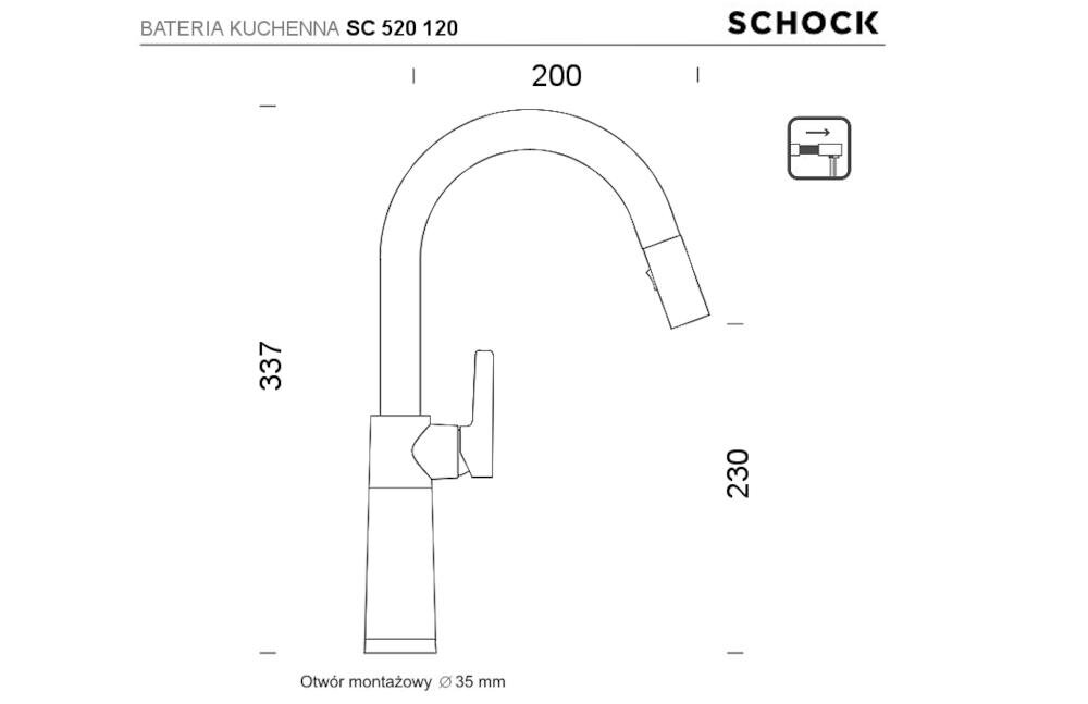 Schemat baterii kuchennej z oznaczeniami wymiarów: wysokość 337 mm, zasięg wylewki 200 mm, wysokość wylewki 230 mm. Widoczny tekst: \'BATERIA KUCHENNA SC 520 120\', \'SCHOCK\', \'Otwór montażowy Ø 35 mm\'.