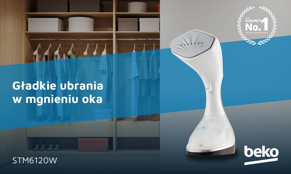 Obraz przedstawia parownicę do ubrań w kolorze białym na tle szafy z ubraniami. Na niebieskim pasku widnieje tekst: \'Gładkie ubrania w mgnieniu oka\', a w prawym dolnym rogu znajduje się logo \'beko\'.