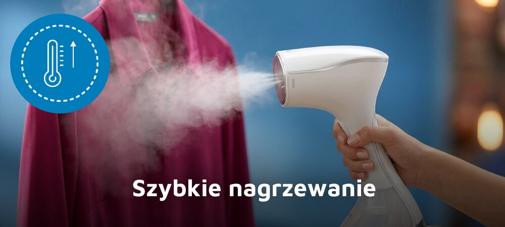 Osoba trzyma białą parownicę do ubrań, z której wydobywa się para, skierowaną na różowy materiał. Na obrazie widoczna jest ikona termometru z napisem \'Szybkie nagrzewanie\'.