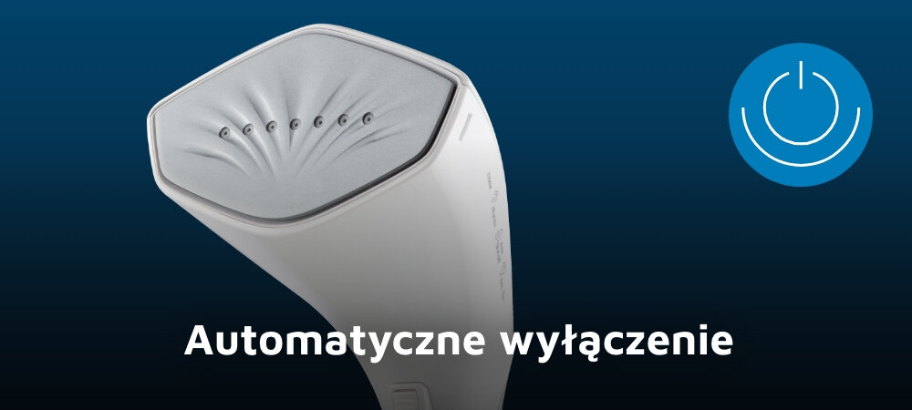 Na obrazie widoczna jest parownica do ubrań z napisem \'Automatyczne wyłączenie\'. Obok znajduje się niebieska ikona z symbolem włącznika.